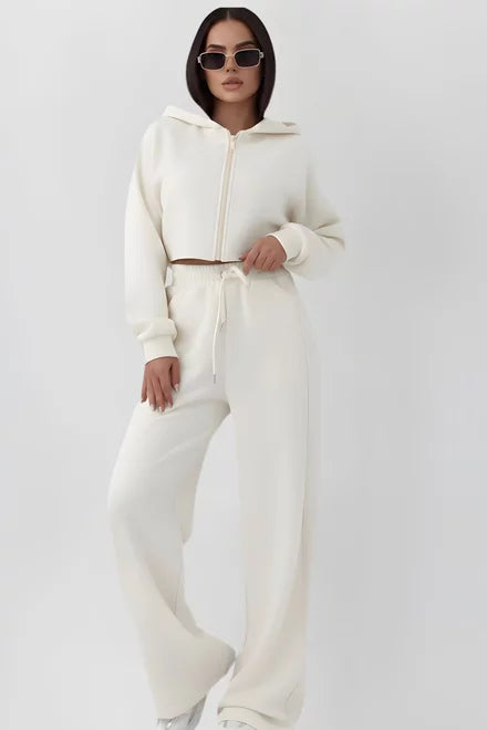 Women's Two-Piece Loungewear Set: Hooded Sweatshirt and Relaxed Fit Joggers, Adorable Style, Ivory