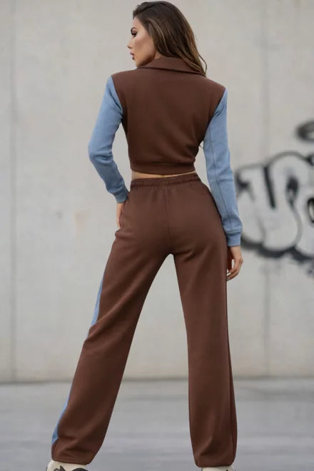 Amaris Women's Two-Piece Tracksuit with Denim Inserts, Brown