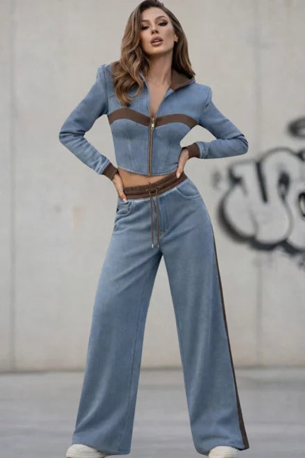 Amaris Women's Two-Piece Tracksuit with Denim Inserts, Brown