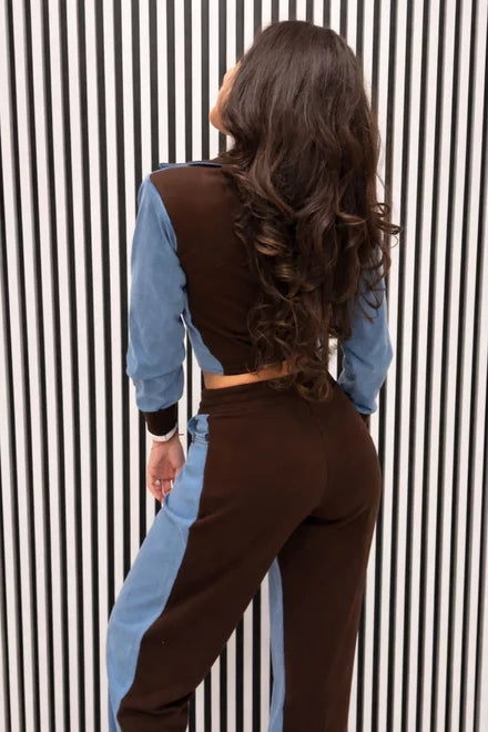 Amaris Women's Two-Piece Tracksuit with Denim Inserts, Brown