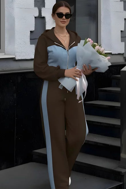 Women's Two-Piece Tracksuit: Hoodie and Joggers with Denim Inserts, New York Style, Dark Brown