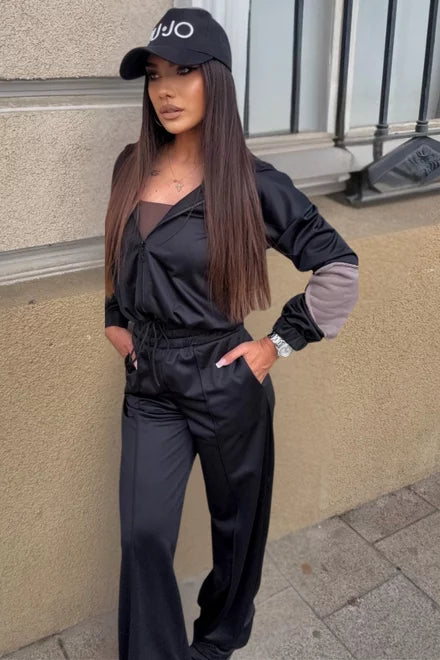 Women's Two-Piece Tracksuit, Adidas-Style Fabric, Contrast Stitching, Black