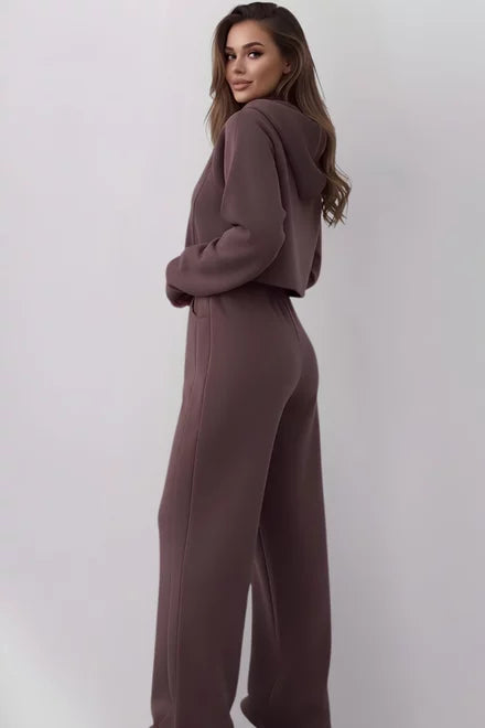 Women's Two-Piece Tracksuit: Hooded Sweatshirt and Loose-Fit Joggers, Truffle Brown