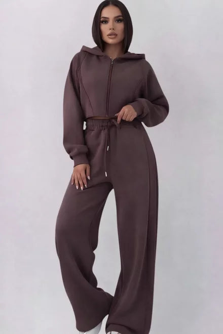 Women's Two-Piece Tracksuit: Hooded Sweatshirt and Loose-Fit Joggers, Truffle Brown