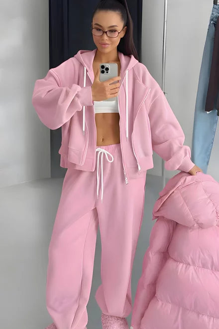 Women's Comfortable Cotton Tracksuit, Zip-Up Hoodie and Pocketed Joggers, Mallaga, Pink