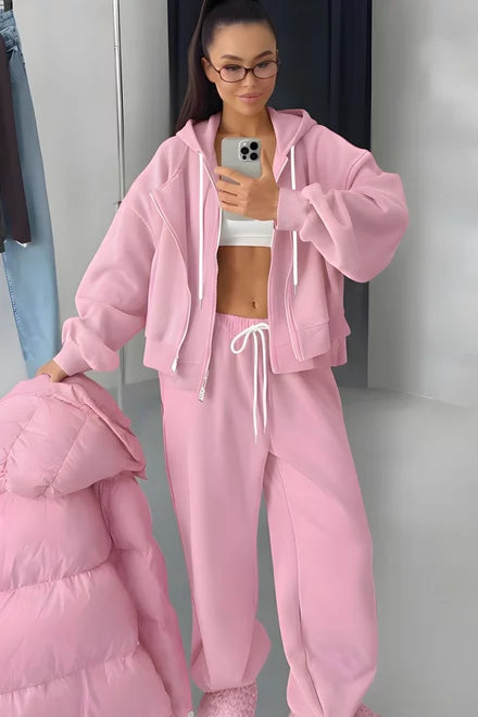 Women's Comfortable Cotton Tracksuit, Zip-Up Hoodie and Pocketed Joggers, Mallaga, Pink