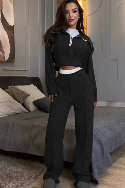 Women's September Cotton Loungewear Set with Contrast Stitching, Black