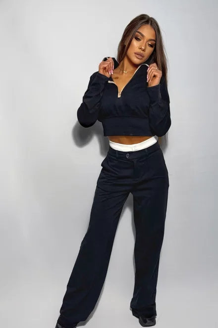 Women's September Cotton Loungewear Set with Contrast Stitching, Black