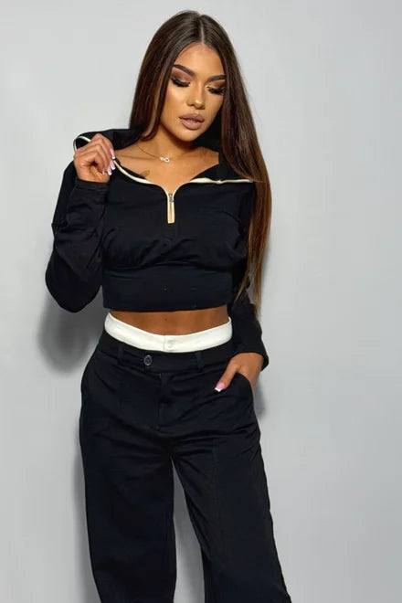 Women's September Cotton Loungewear Set with Contrast Stitching, Black