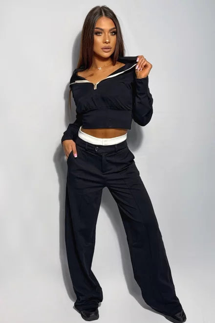 Women's September Cotton Loungewear Set with Contrast Stitching, Black