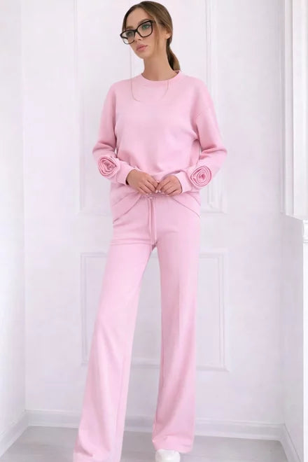 Women's Two-Piece Casual Tracksuit, Floral Embellished Sweatshirt and Pocketed Joggers, Nabba, Bon-Bon Pink