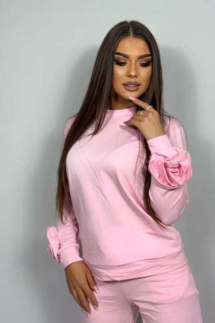 Women's Two-Piece Casual Tracksuit, Floral Embellished Sweatshirt and Pocketed Joggers, Nabba, Bon-Bon Pink
