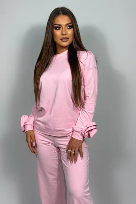 Women's Two-Piece Casual Tracksuit, Floral Embellished Sweatshirt and Pocketed Joggers, Nabba, Bon-Bon Pink