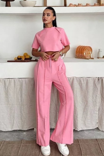 Women's Two-Piece Performance Cotton Tracksuit - Pink T-Shirt and Joggers with Contrast Stitching
