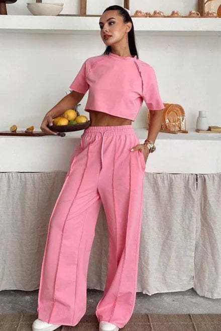 Women's Two-Piece Performance Cotton Tracksuit - Pink T-Shirt and Joggers with Contrast Stitching