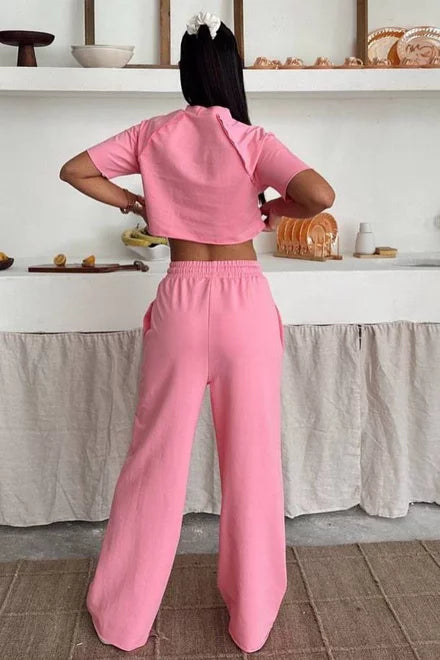 Women's Two-Piece Performance Cotton Tracksuit - Pink T-Shirt and Joggers with Contrast Stitching