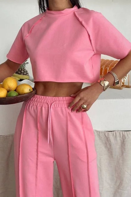 Women's Two-Piece Performance Cotton Tracksuit - Pink T-Shirt and Joggers with Contrast Stitching